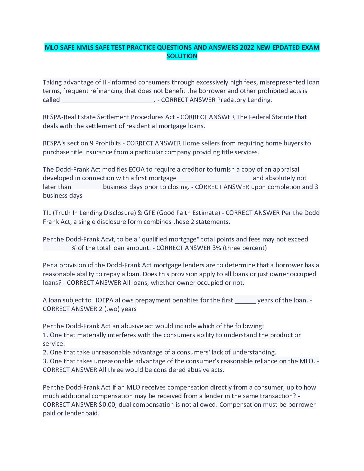 Preview of MLO SAFE NMLS SAFE TEST PRACTICE QUESTIONSAND ANSWERS 2022 NEW EPDATED EXAM  SOLUTION
